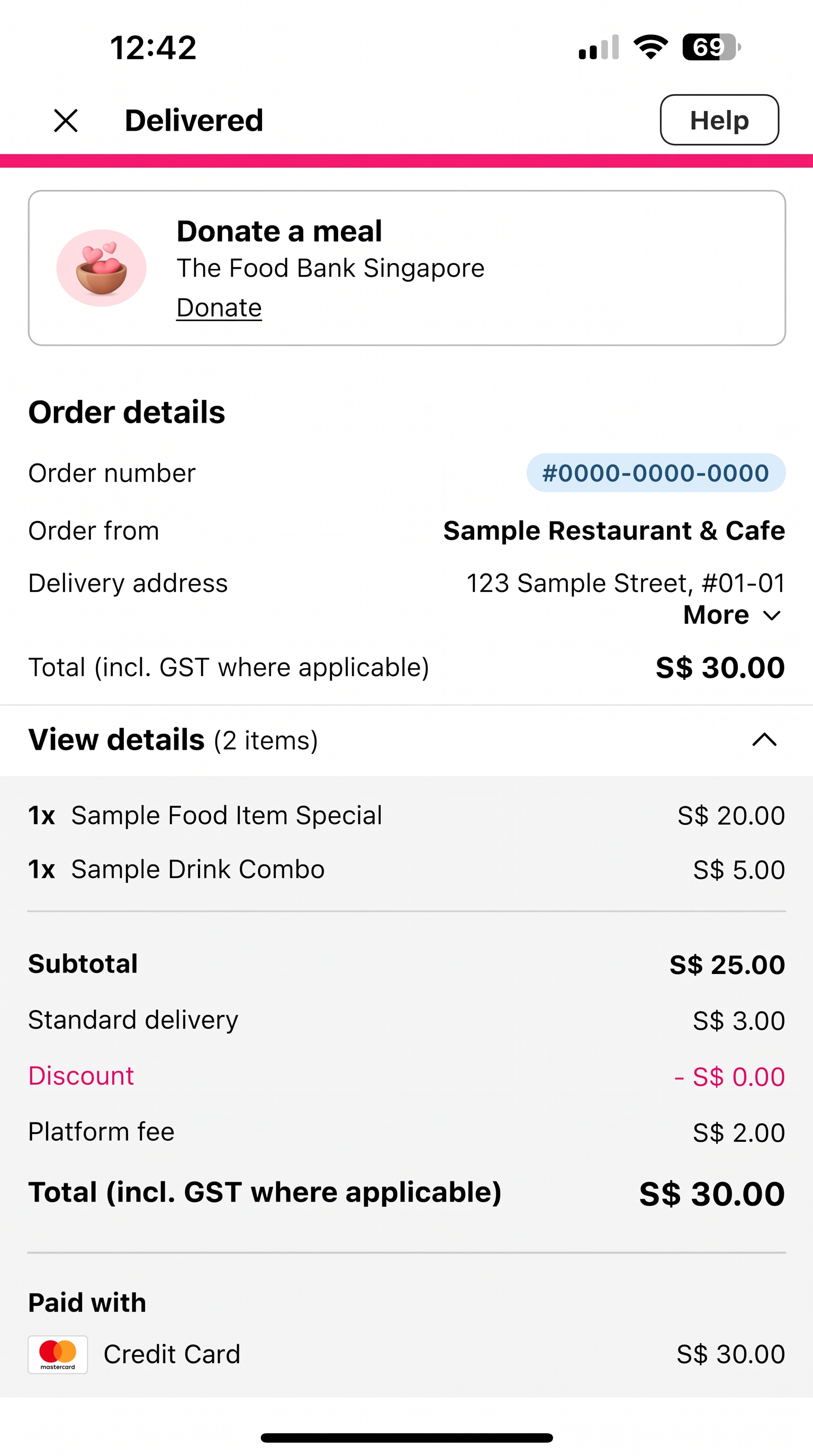 foodpanda 訂單收據示例（顯示訂單編號、下單日期及付款金額）